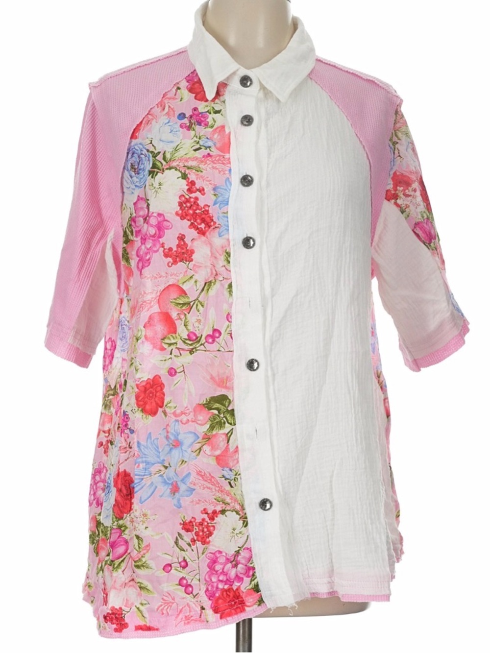 POL Patchwork Pink Floral & White Button-Down Collared Top